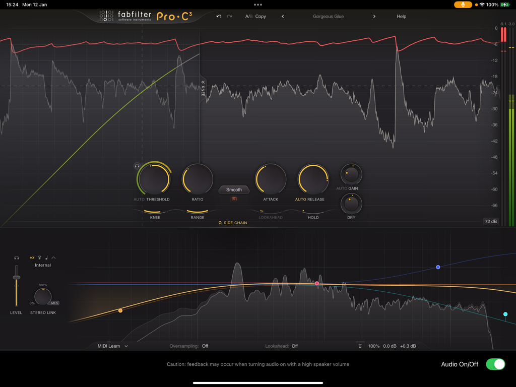 Interface of the FabFilter Pro-C 3 audio compressor app featuring real-time visual feedback and professional mixing controls.