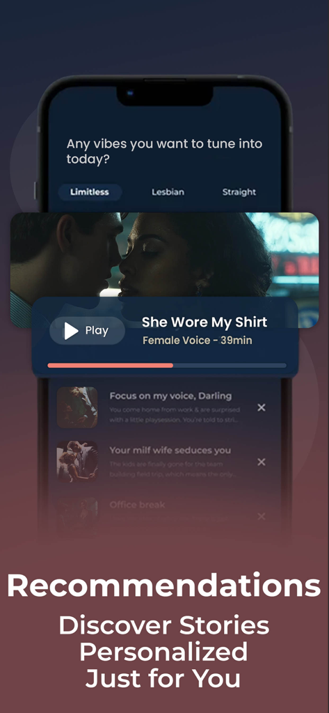 A mobile app interface for Whisper Stories showing personalized romantic audio story recommendations and content categories
