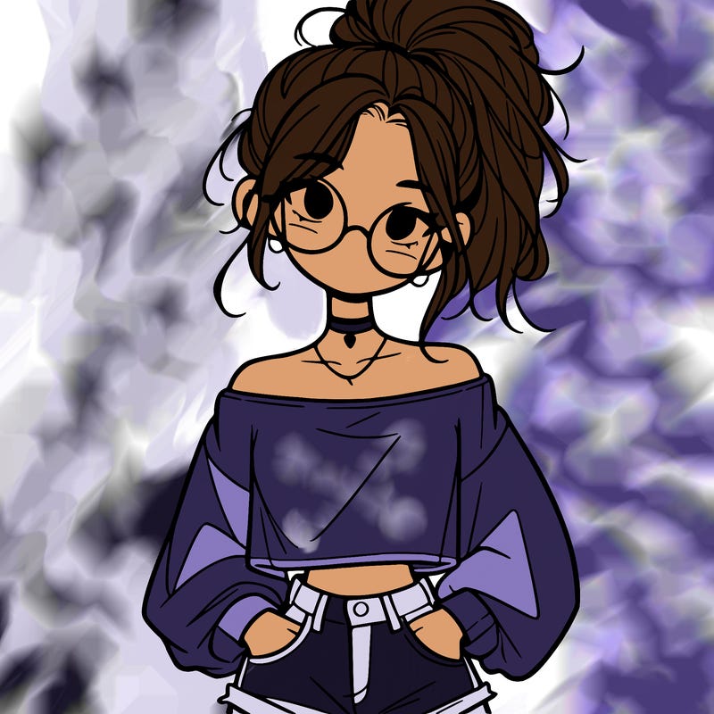 girl with a messy ponytail glasses a baggy crop top and jean shorts