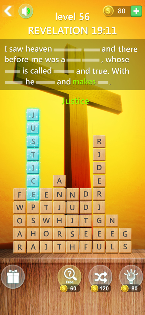 Bible word verse stack puzzle - Gameplay interface of Bible word verse stack puzzle showing a scripture level with a cross background