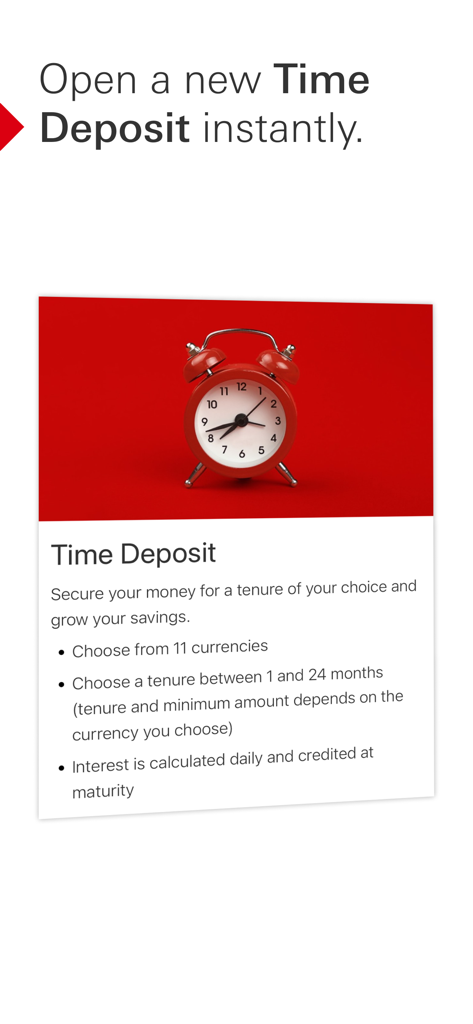 HSBC Singapore - HSBC Singapore app screen showing instant time deposit features and currency options
