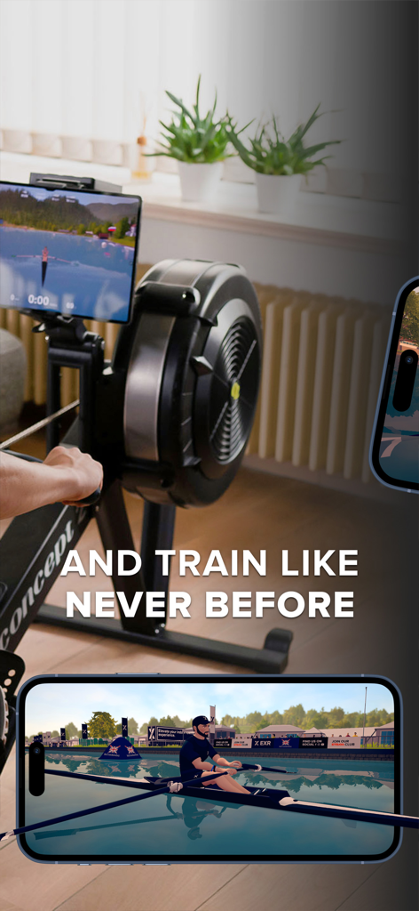 EXR | Virtual indoor rowing - A person using the EXR virtual rowing app on a Concept2 machine in a home gym setup