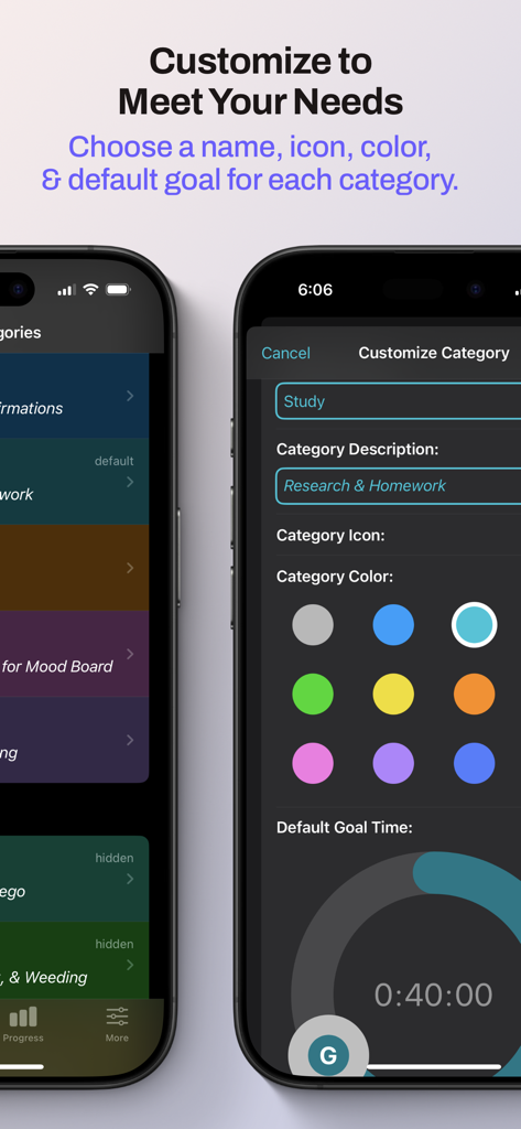 Focus Dial - Focus Dial app screen showing category customization with name, description, color selection, and default goal time setting.