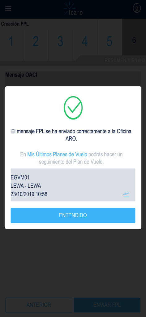 A confirmation pop up in the ICARO app indicating that a flight plan has been successfully sent to the ARO office