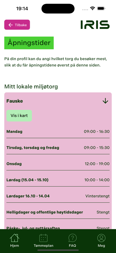 IRIS - The IRIS app screen displaying the weekly opening hours for a local recycling center in Fauske.
