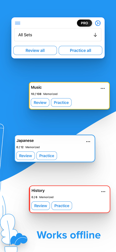 Flashcards World - AI Cards - Flashcards World app interface displaying organized study sets for Music Japanese and History with an offline mode indicator
