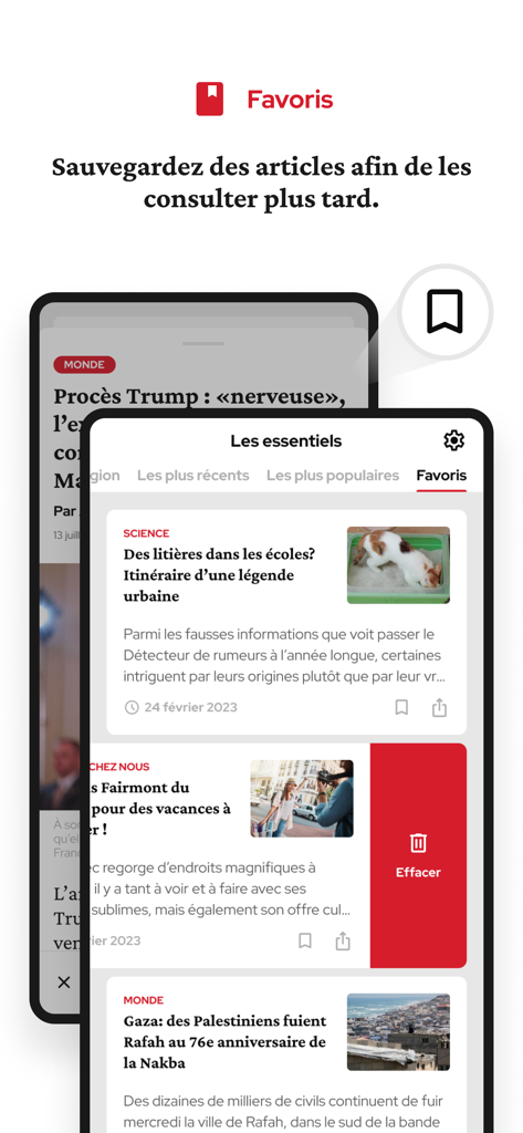 La Voix de l'Est app screenshot showing the favorites section with a list of saved news articles and a swipe to delete option.