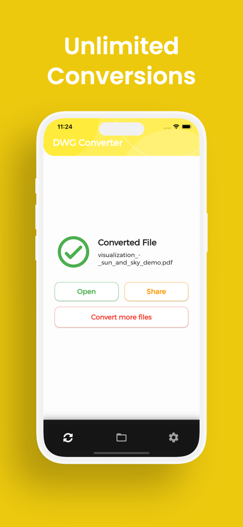 Mobile app screen showing a successful DWG to PDF file conversion with unlimited options