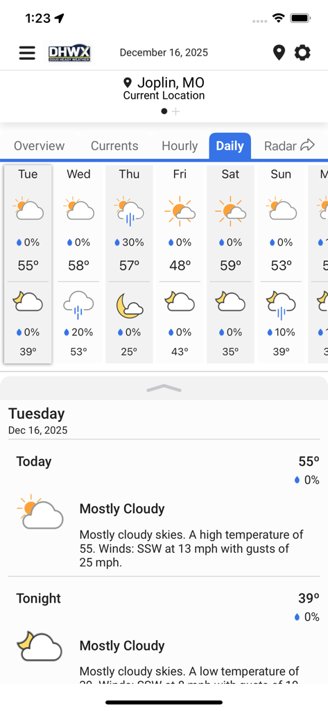 Doug Heady Weather - Doug Heady Weather app showing the daily forecast for Joplin Missouri