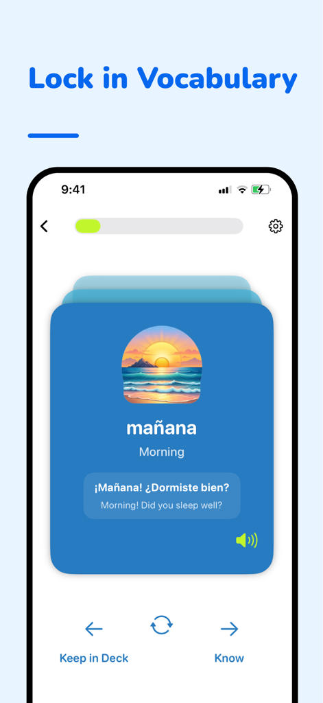 FluentFlow - La aplicación móvil FluentFlow muestra una tarjeta de vocabulario en español para la palabra mañana.