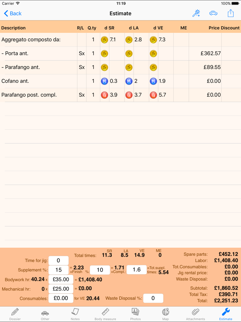 iWinCar - iWinCar estimate interface showing spare parts list and total repair costs