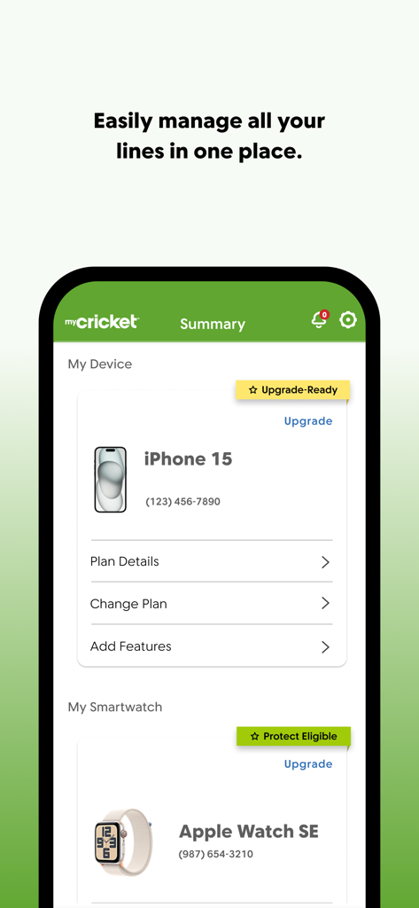myCricket app screen showing summary of account devices including an iPhone 15 and Apple Watch SE with options to manage plans and features