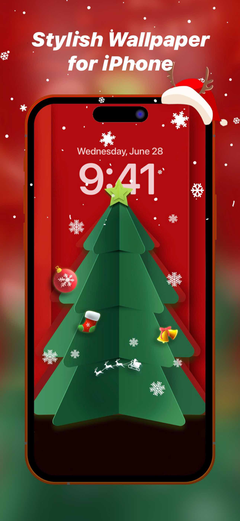 Live Wallpapers & Theme - NEXT - A festive Christmas tree wallpaper on an iPhone lock screen with a red background and falling snowflakes.