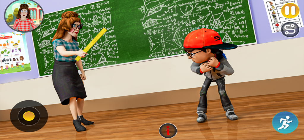 Scary Teacher 3D Evil Prank - Angry 3D teacher character confronting a student in a classroom with a chalkboard