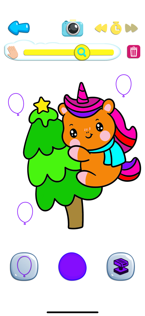 Kawaii Unicorn: Coloring World - Um unicórnio laranja fofo abraçando uma árvore de Natal verde em uma interface de aplicativo de colorir digital.