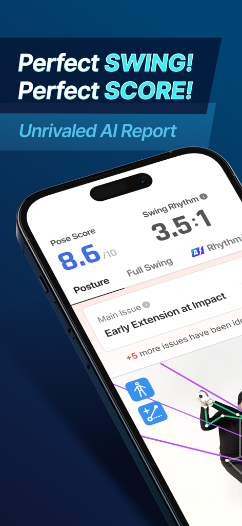 GolfFix AI Golf Swing Analyzer - App GolfFix che mostra l'analisi AI dello swing con punteggio di posa e metriche di ritmo