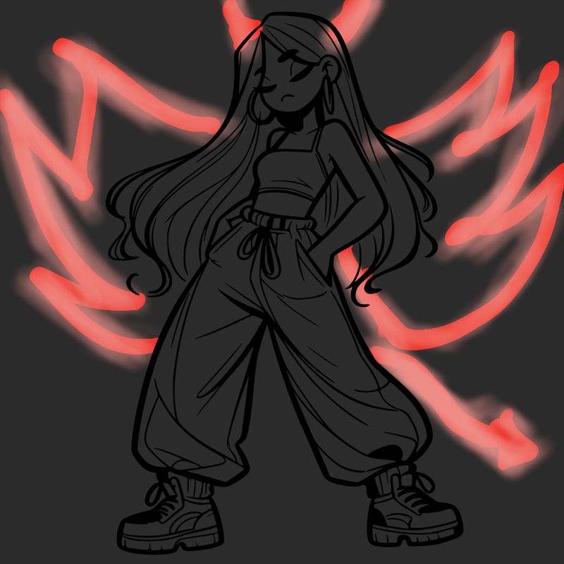 girl in baggy pants crop top and long hair