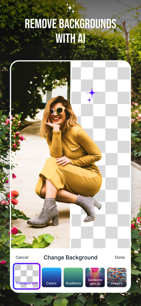 Magic Studio - AI Photo Editor - Interfaccia utente dell'app Magic Studio che dimostra la rimozione dello sfondo con AI per creare uno sfondo trasparente.