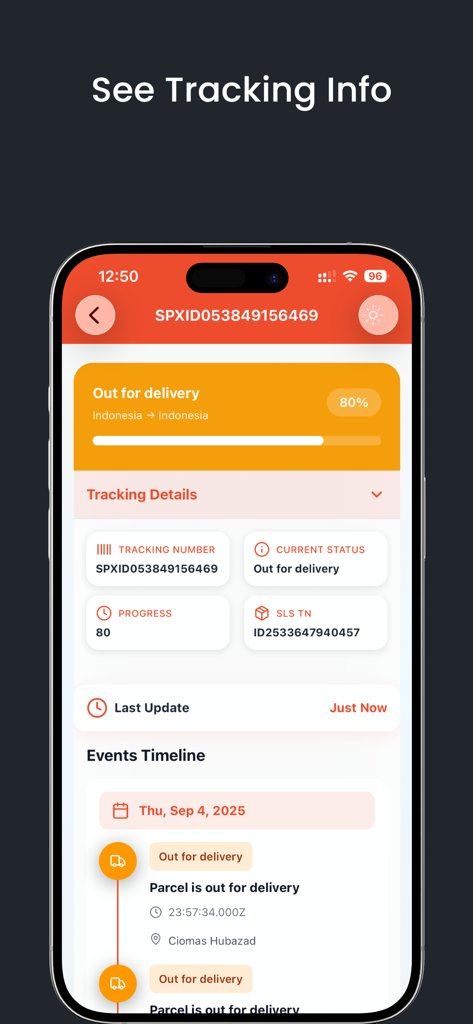 Spx Tracking - shopee! tracker - Spx Trackingアプリのインターフェースに、発送準備中ステータスとイベント履歴が表示されています。