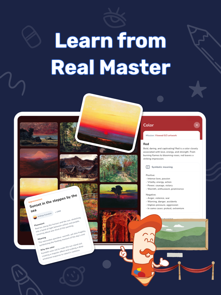 iPad app screen for Artlexis showing master paintings and a lesson on color theory and symbolism