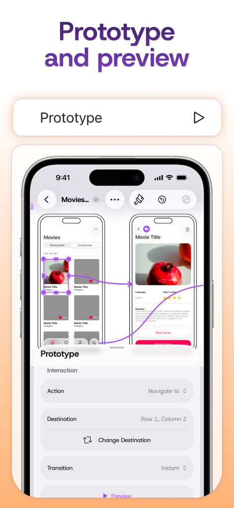 Mobile app interface showing interactive prototyping flows and navigation settings in Mockup UI UX Design