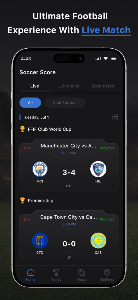 iPhoneでライブフットボールスコアを表示するサッカー スコア アプリのインターフェース