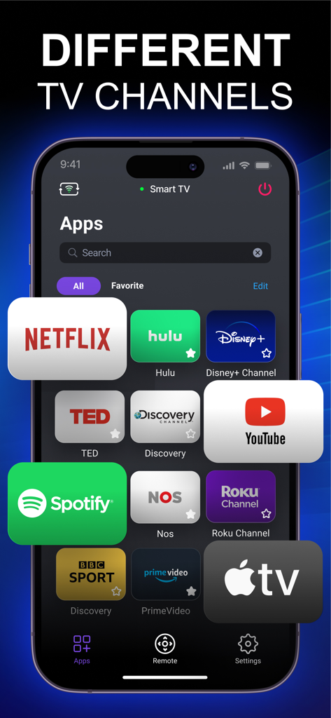 Universal Remote - TV Remote - Pantalla de la aplicación Control Universal mostrando varios iconos de servicios de streaming como Netflix Hulu y Disney Plus
