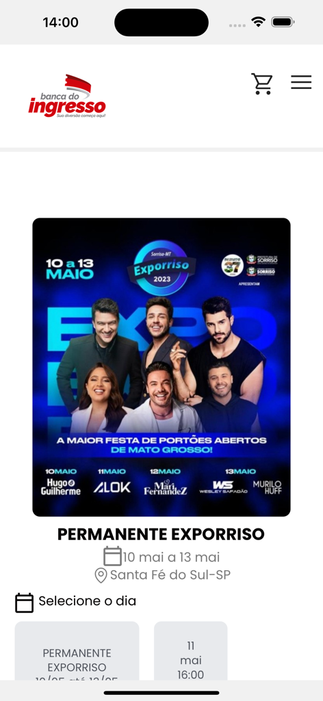 Interfaz de la aplicación Banca do Ingresso mostrando detalles para el evento del festival de música Exporriso.