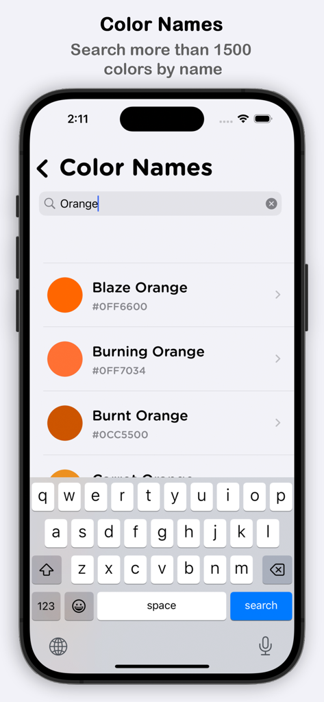Search interface of the Color Name Identifier app showing various shades of orange with their hex codes.