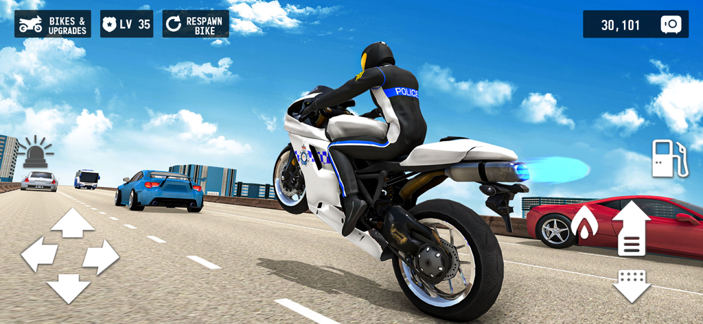 Police Bike City Simulator - A police officer performing a wheelie on a motorbike with nitro boost on a city highway