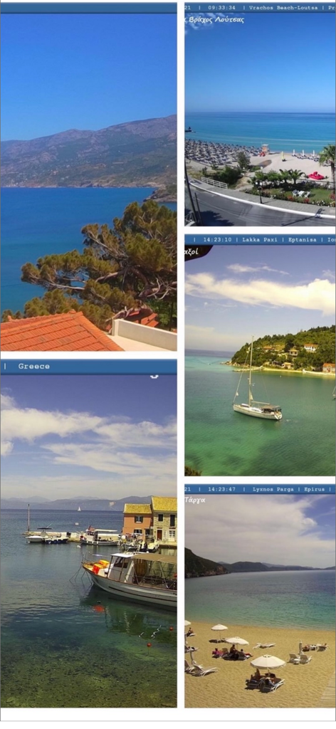Meteology PRO - Grid of live weather camera feeds showing coastal views beaches and ports across Greece