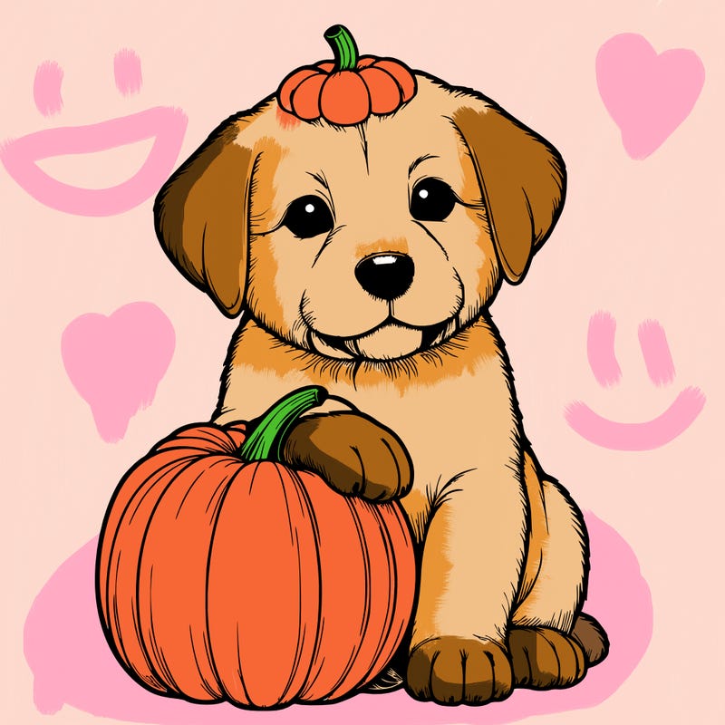 a realistic puppywith a pumpkin on his head