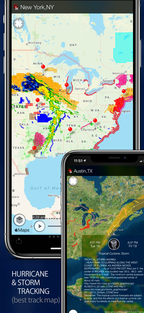 Radar MAX app displaying interactive hurricane and storm tracking maps on iPhone.