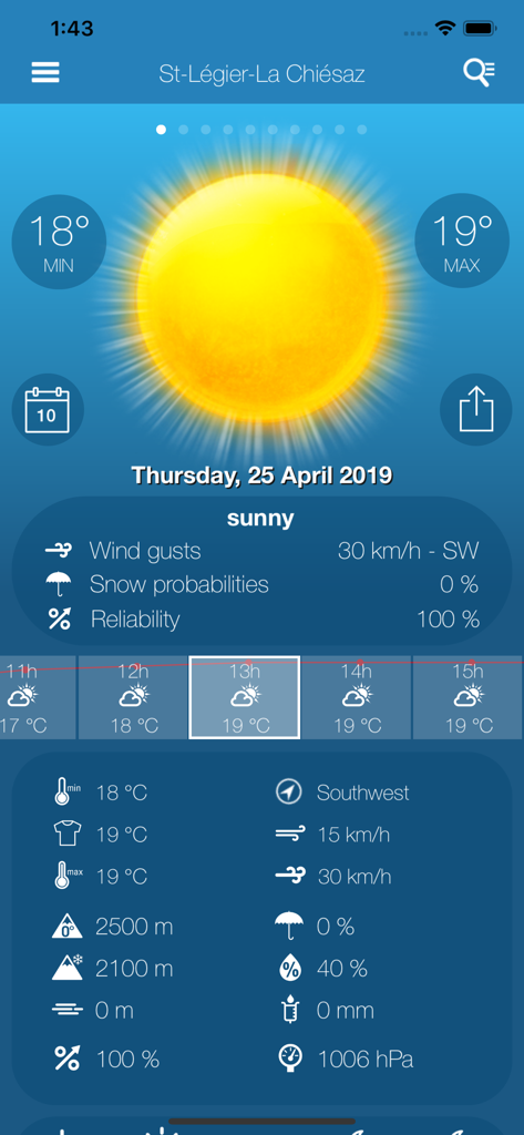 Weather News PRO app interface displaying a sunny forecast and technical meteorological data