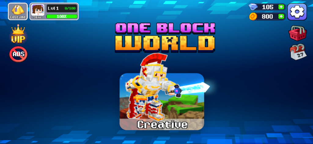One Block World - One Block World game title screen with a blocky knight character and creative mode option