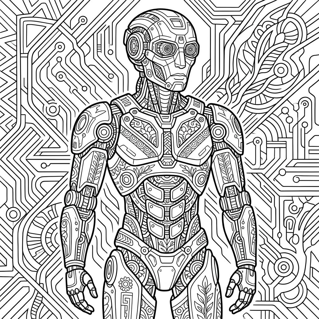 Intricate Humanoid Robots Coloring Page for Adults — Color Pop