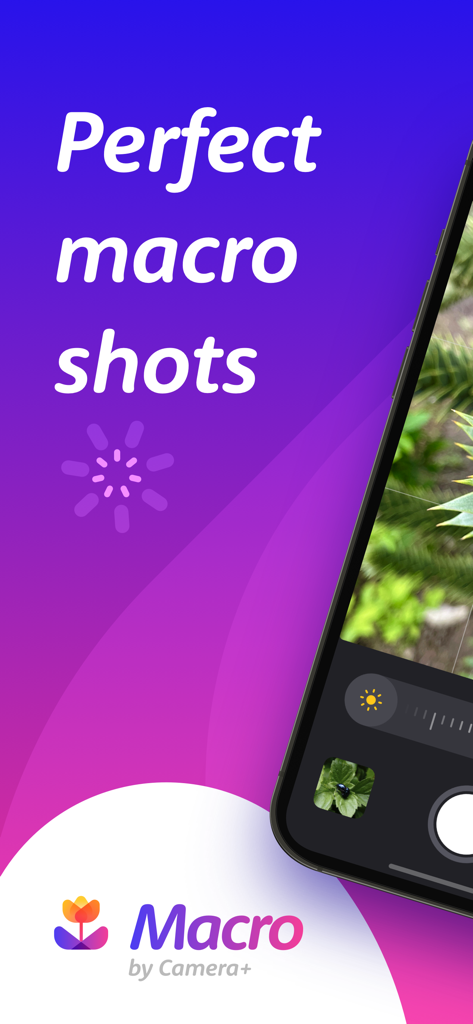 Macro by Camera+ app screenshot featuring the text Perfect macro shots and a close-up photo of greenery