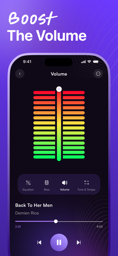 Volume Booster app interface with a colorful audio visualizer and music playback controls