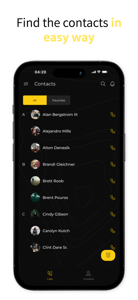 AnyCalls mobile app contacts list screen showing various contact names and profile pictures in a dark mode interface