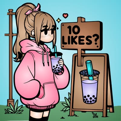 girl with oversized hoodie drinking boba and she has a high ponytail with a sign that says 10likes?