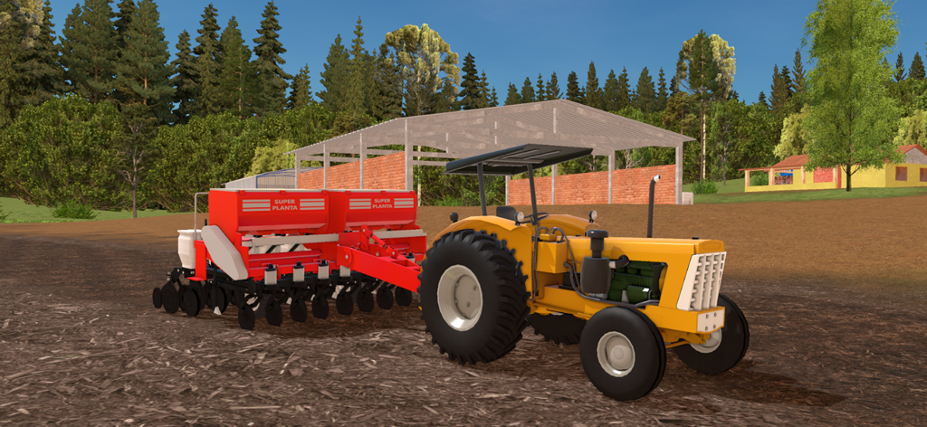Farming Sim Brasil - Yellow tractor pulling a red planter on a farm in Farming Sim Brasil
