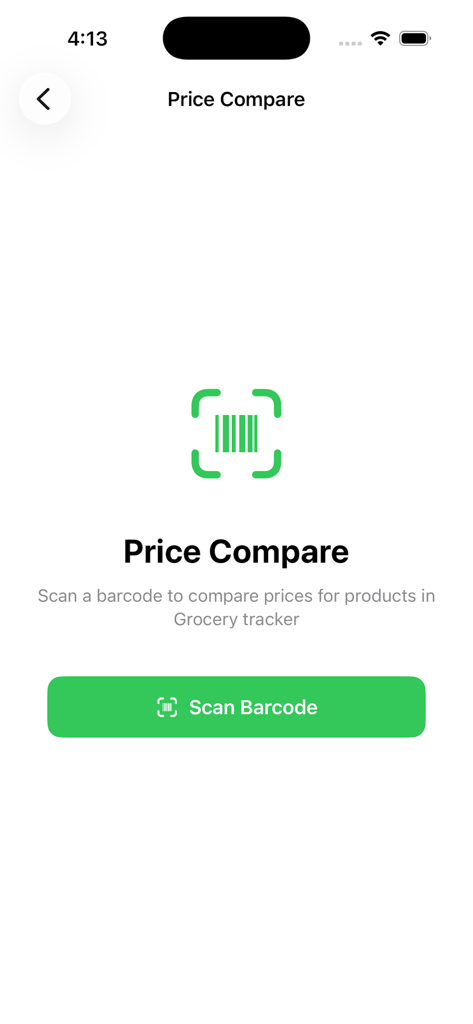 Smart Grocery Tracker - Price comparison screen in the Smart Grocery Tracker app featuring a scan barcode button