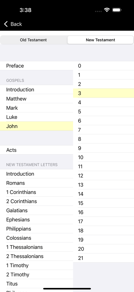 Navigationsmenü in der katholischen Neuen Amerikanischen Bibel RE App mit Büchern des Neuen Testaments und Kapitelauswahl für das Evangelium nach Johannes.