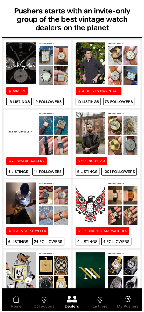 Pushers Watches - A mobile app screen titled Dealers showing a grid of vintage watch dealer profiles with their latest watch listings and follower counts.