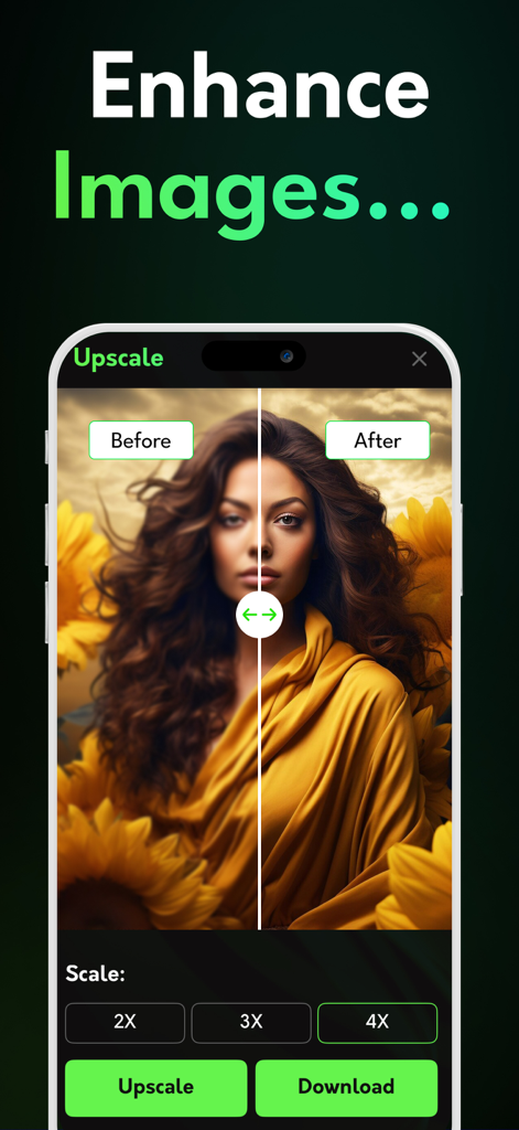 FLUX AI Image Generator Art - Une comparaison avant/après montrant la fonctionnalité d'amélioration et de mise à l'échelle d'images dans l'application FLUX AI avec une femme dans un champ de tournesols.