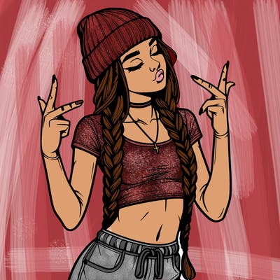 realistic teenage girl with braids and a beanie and crop top doing 🫶🏼