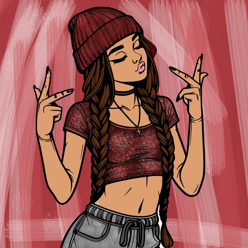 realistic teenage girl with braids and a beanie and crop top doing 🫶🏼