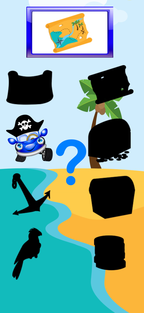 Car Match 2026 - Traffic Jam - A blue pirate car character in a matching game with island themed silhouettes