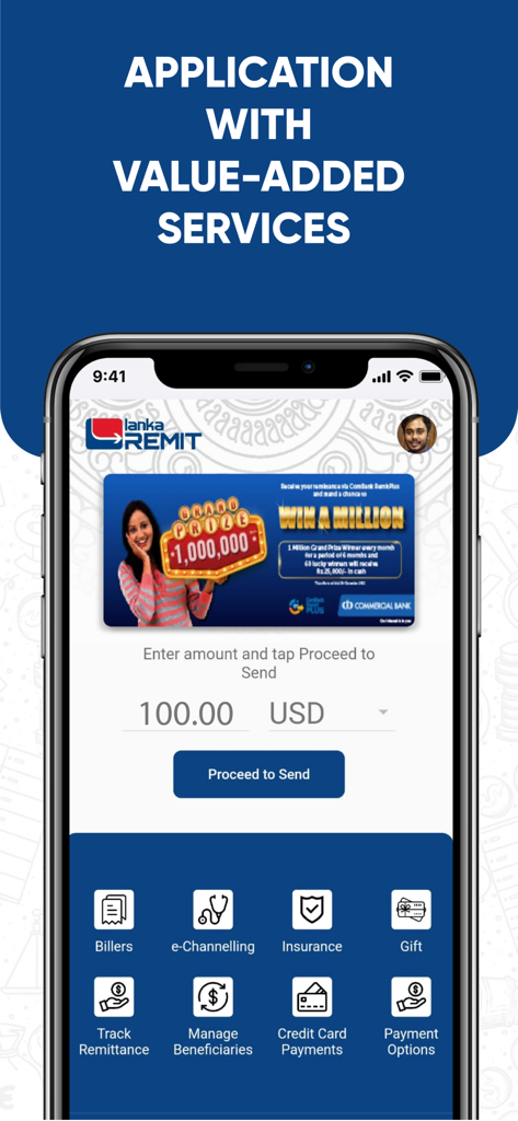LankaRemit - Interface do aplicativo LankaRemit exibindo opções de transferência de dinheiro e serviços de valor agregado, como pagadores de contas e agendamento eletrônico.