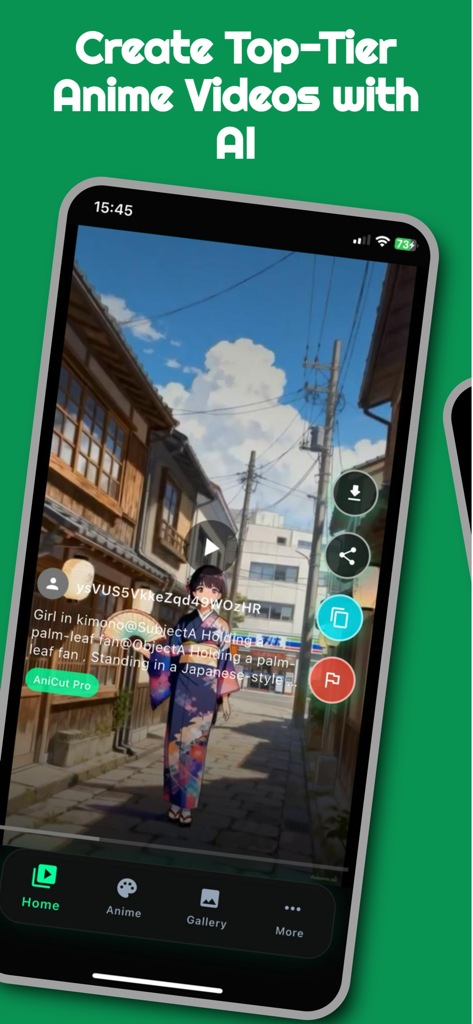 Animoon-Anime  Generator - Animoon app interface displaying an AI-generated anime video of a girl in a kimono standing in a traditional Japanese street.